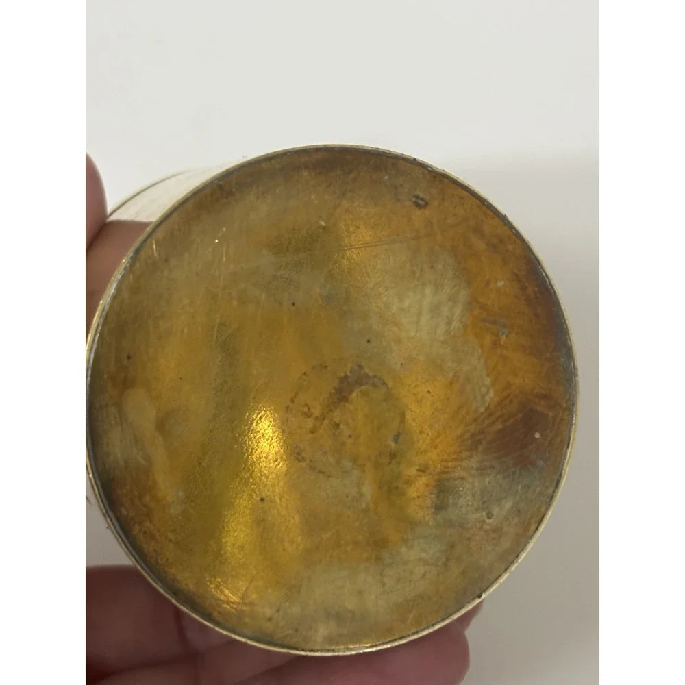 Round Brass Container with Removable Ceramic Painted Chinoiserie 2 Cranes Lid